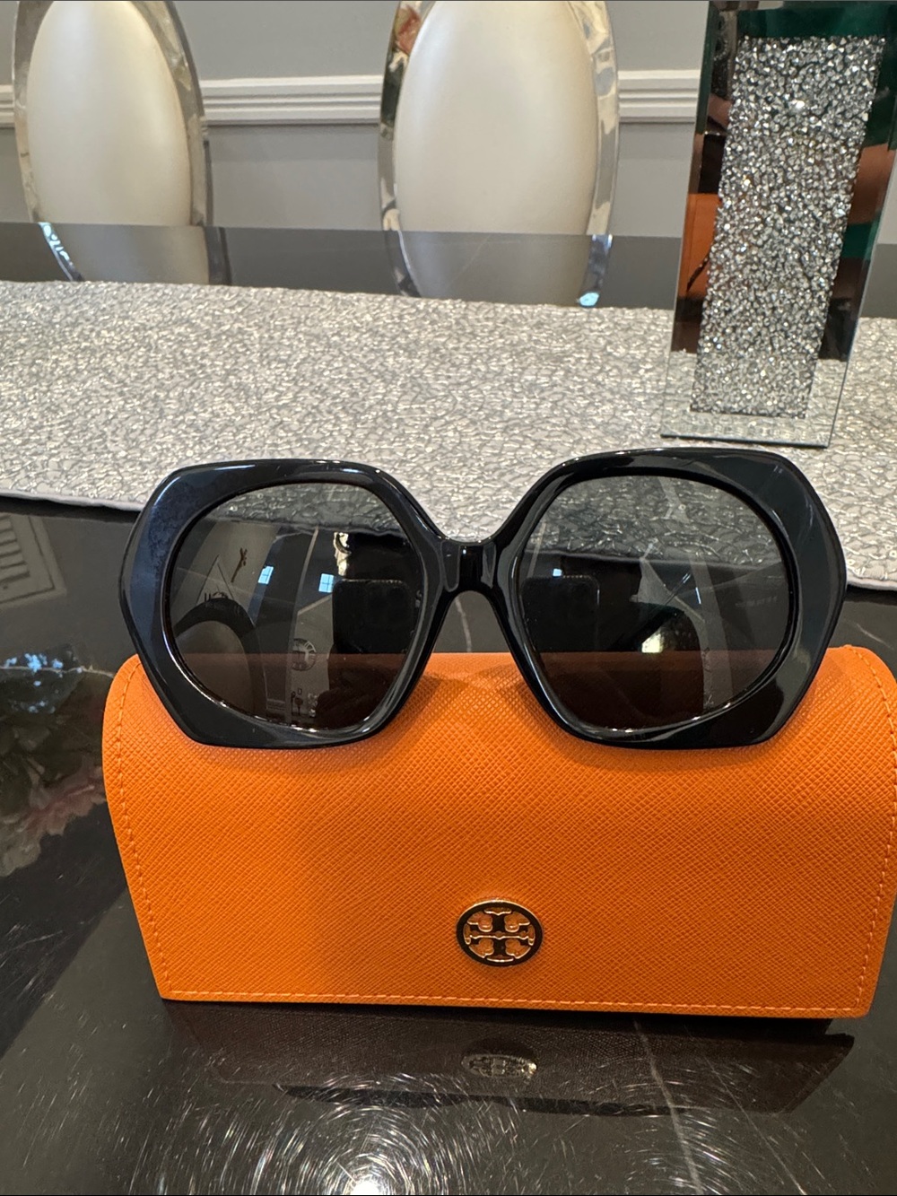 Tory Burch Black Oversized Geometric Sunglasses with Orange Case